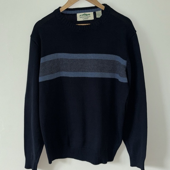 Retro Mountain Lake Chest Stripe Cotton Crewneck Navy Sweater - Picture 7 of 7
